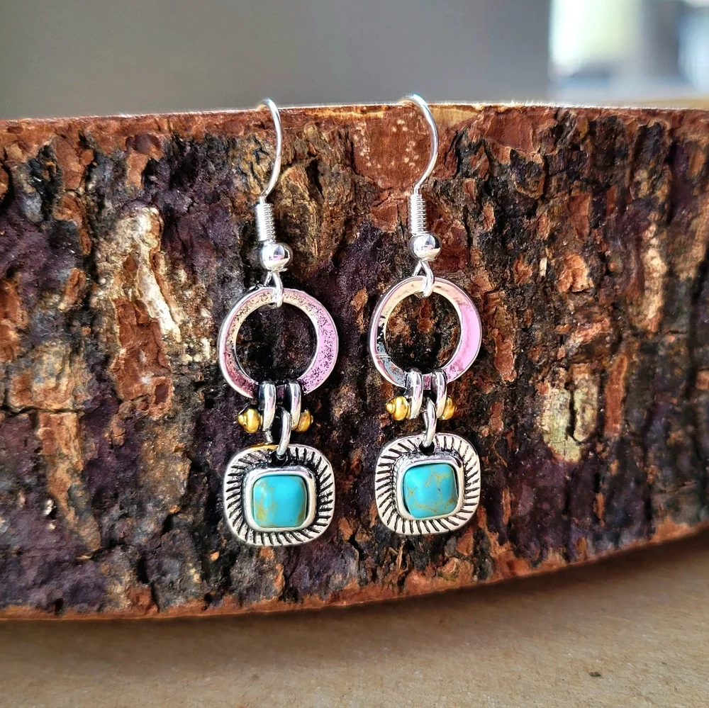 Everyday Boho Turquoise Silver Earrings - Picture 1 of 5